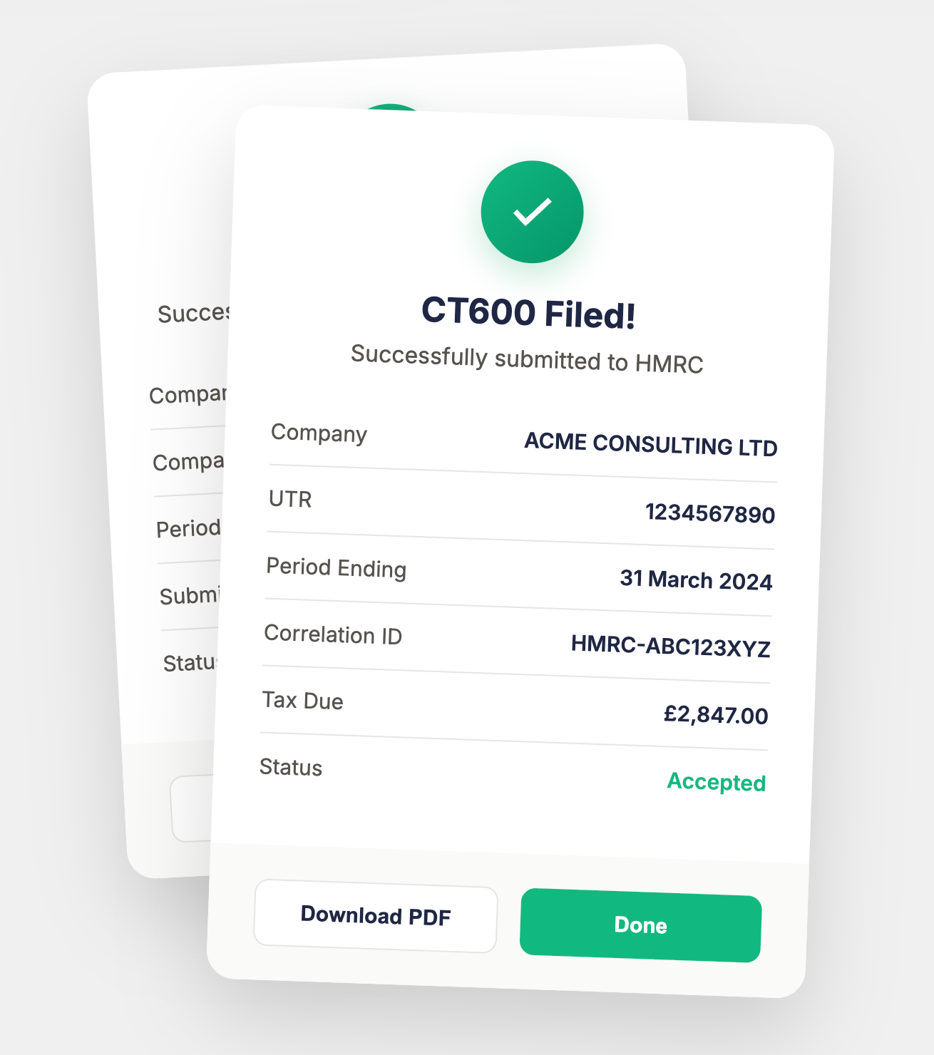 Success confirmation showing CT600 filed to HMRC and Accounts filed to Companies House